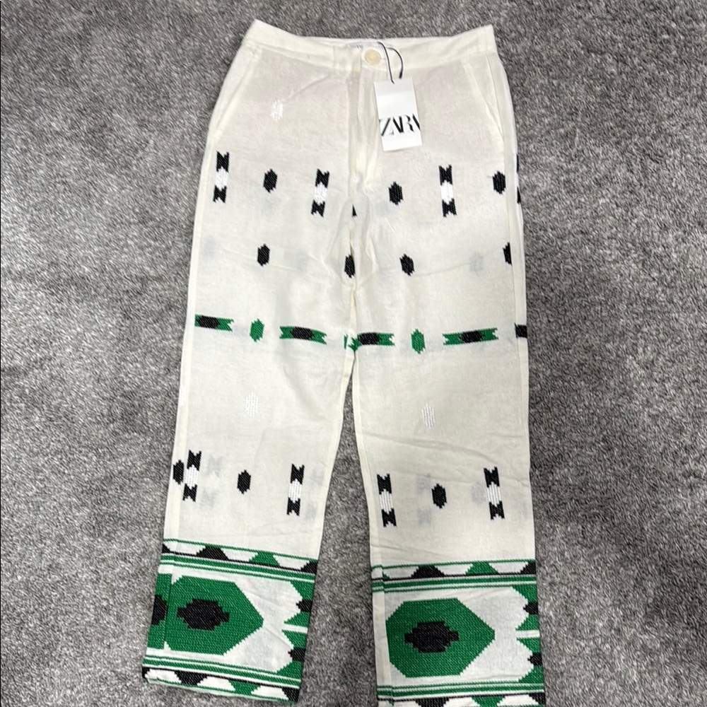Zara Cream and Green Patterned Pants
